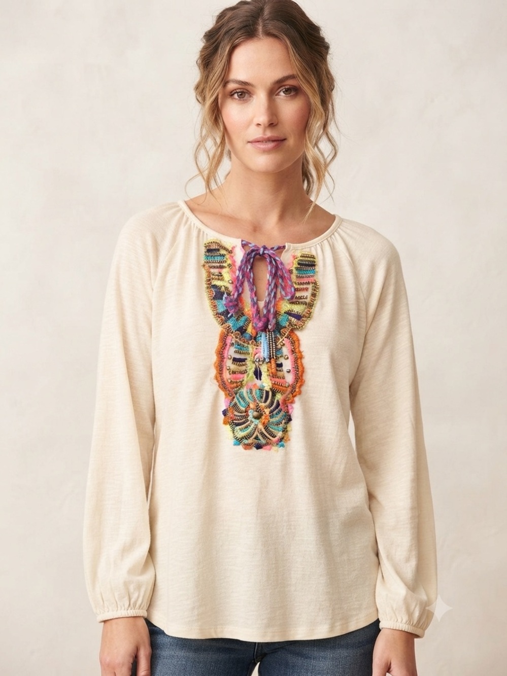 NWT Poof! Beaded Embroidered Boho Peasant Long Sleeve Blouse Cream Size Large